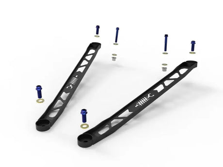 Black metal suspension strut brace with blue bolts for Toyota GR Supra A90 suspension