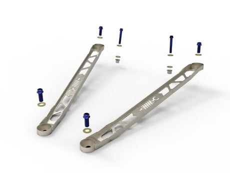 Silver suspension links with blue bolts for Toyota GR Supra suspension strut brace by AFe Control