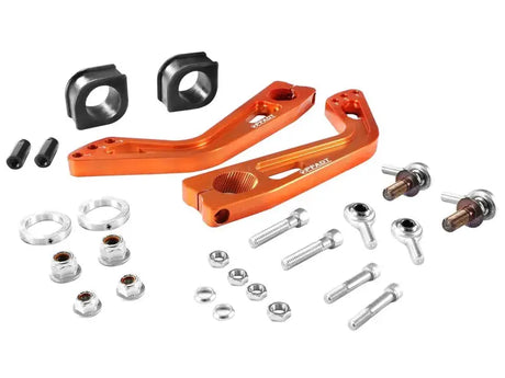 Orange anodized aluminum go-kart pedal set with mounting hardware for aFe Control PFADT series service kit