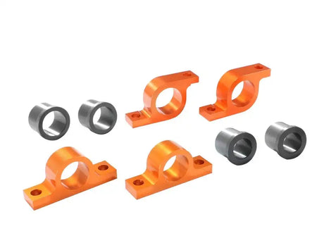 Orange metal bearing mounts with gray bushings for aFe Control PFADT Series Racing sway bar