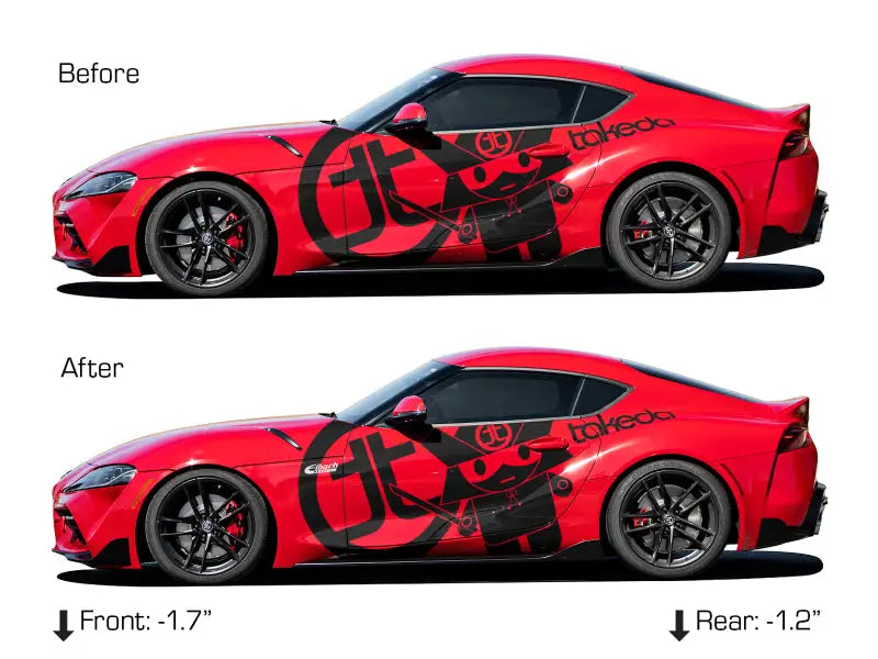 Red Toyota Supra with aFe Control suspension package, lowered stance, custom wheels