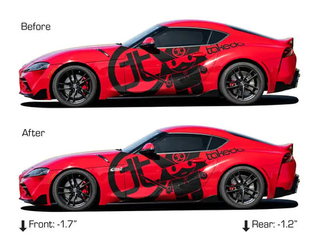 Red Toyota Supra with aFe Control suspension package, lowered stance, custom wheels