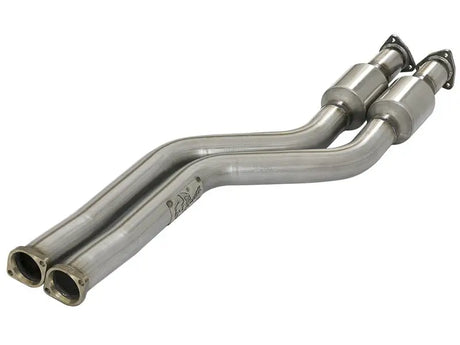 Dual stainless steel exhaust pipes on aFe Direct Fit Catalytic Converter for BMW Z4 M