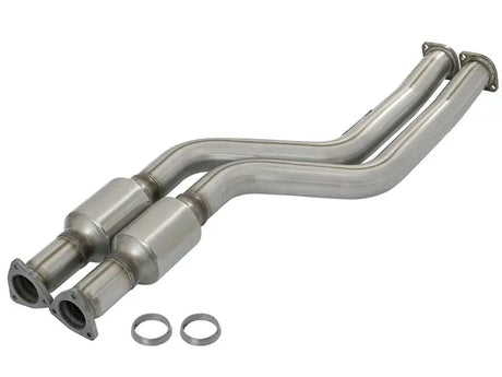 Dual stainless steel exhaust pipes on afe direct fit catalytic converter for BMW Z4 M Roadster