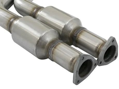 Shiny metal exhaust pipes with catalytic converters for aFe Direct Fit catalytic upgrade