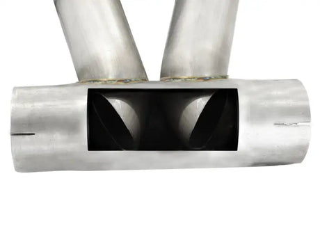 Metal exhaust manifold with internal baffles for aFe exhaust tip upgrade on Porsche Boxster S