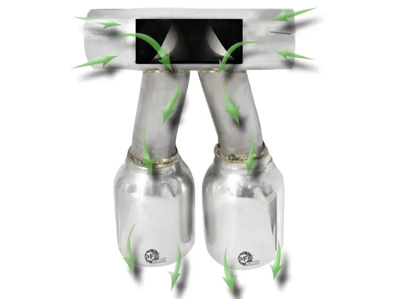Dual exhaust system with green arrows on afe exhaust tip upgrade for Porsche Boxster S