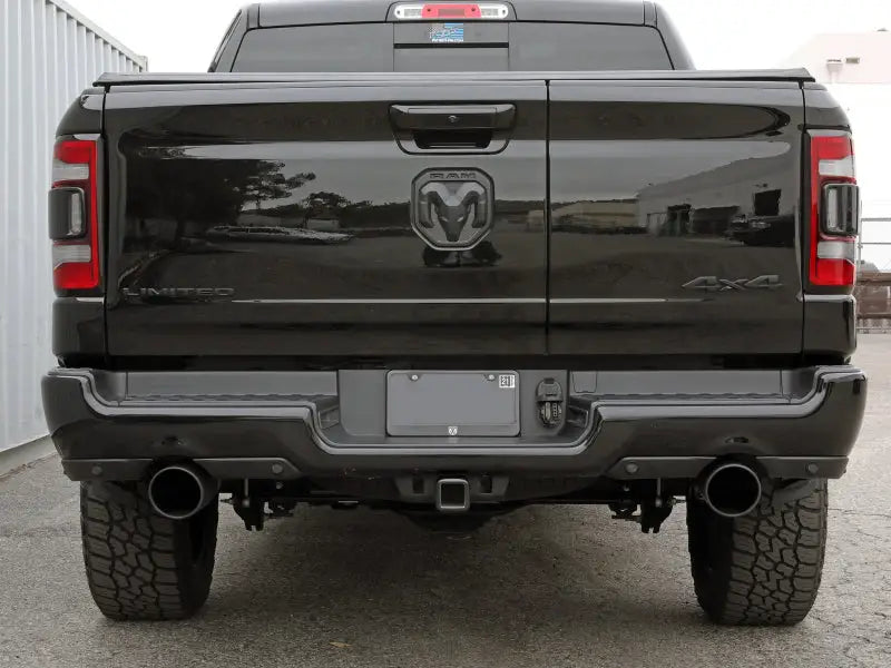Black Ram truck rear with aFe Gemini XV 3in cat-back exhaust system