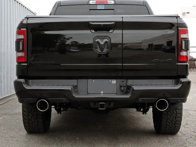 Black Ram truck rear with aFe Gemini XV 3in stainless steel cat-back exhaust system