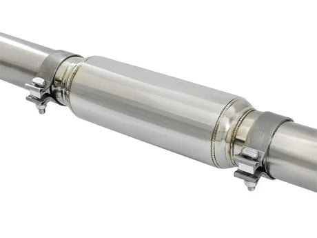 Shiny metal exhaust pipe section with clamps for BMW 335i AFE Mach flow upgrade