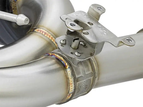Shiny metal exhaust pipe with bracket for improved exhaust flow on BMW 335i afe mach upgrade