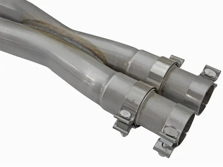 Metal exhaust pipes with clamps from aFe Mach Force-Xp stainless steel exhaust system