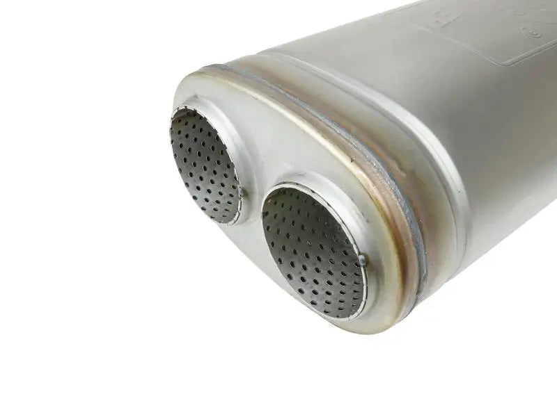 Silver metal muffler with dual perforated outlets for afe mach force-xp trucks