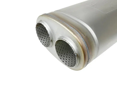 Silver metal muffler with dual perforated outlets for afe mach force-xp trucks