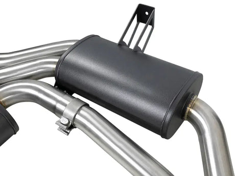 Black muffler with metal pipes from aFe Mach ForceXP stainless steel exhaust system