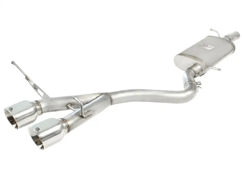 Shiny metal car exhaust system with polished dual tips on aFe Machforce XP cat-back