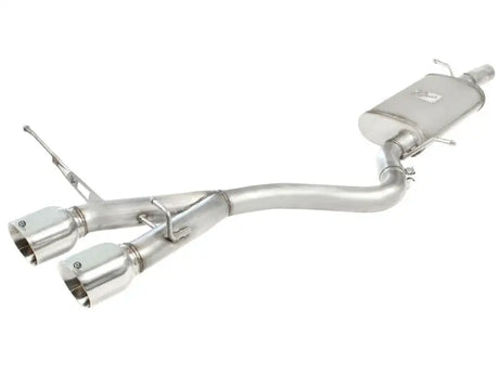 Shiny metal car exhaust system with polished dual tips on aFe Machforce XP cat-back