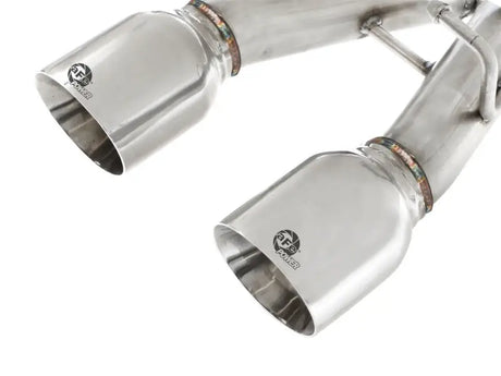 Polished dual tips on aFe MACHForce XP cat-back exhaust for VW Golf R32 MKV