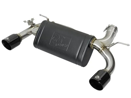 Black and silver afe machforce xp exhaust system for BMW 335i with black tips