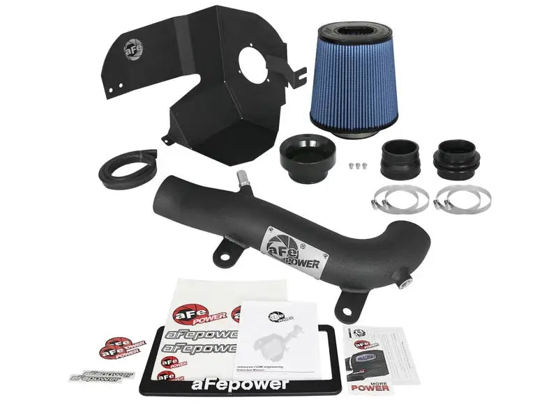 aFe Magnum FORCE Stage-2 XP Pro 5R Cold Air Intake System for 2018+ Jeep Wrangler (JL) V6 3.6L, featuring a 7.5" tall oil-free conical air filter, wrinkle-black powder-coated aluminum intake tube, and one-piece heat shield. Includes all hardware for easy installation.