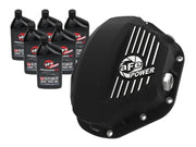 Afe power black differential cover for ford diesel trucks with silver accents