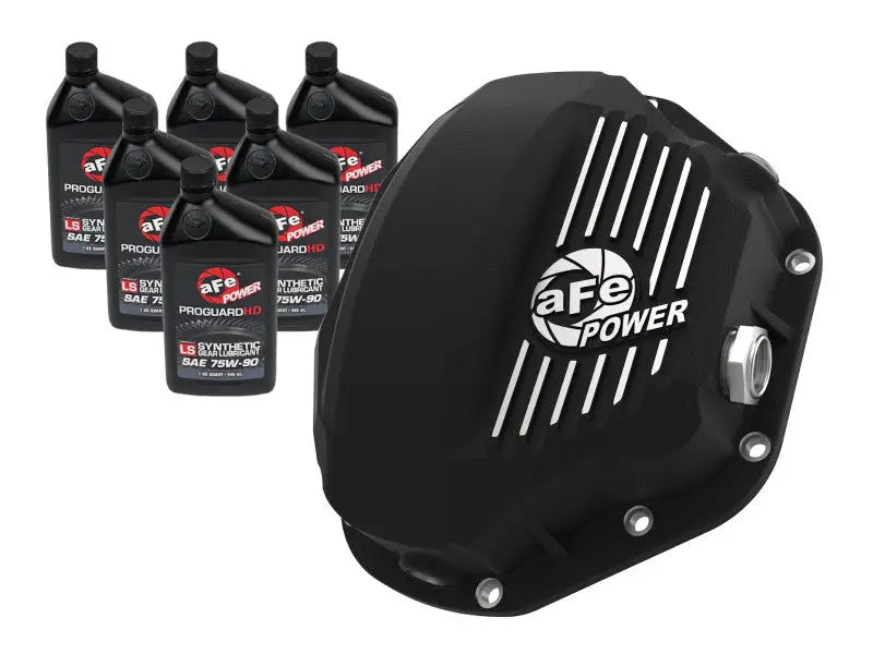 Afe power black differential cover for ford diesel trucks with silver accents
