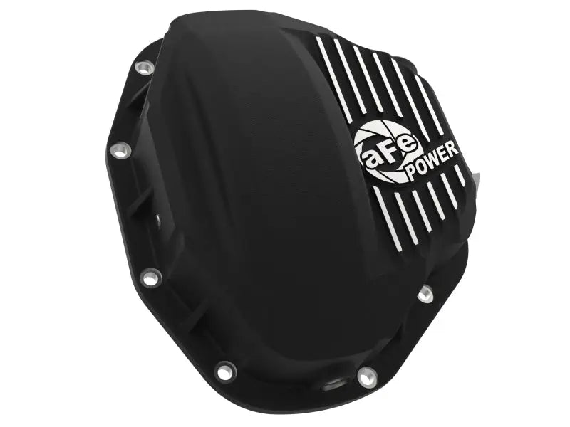 Afe power black differential cover with silver accents for ford diesel trucks