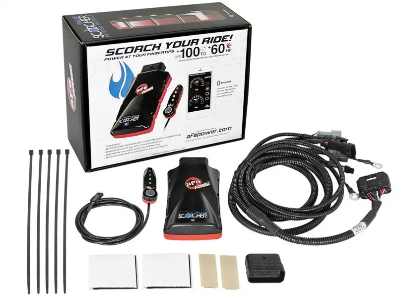 Red and black aFe Scorcher Blue motorcycle audio system with controls and cables