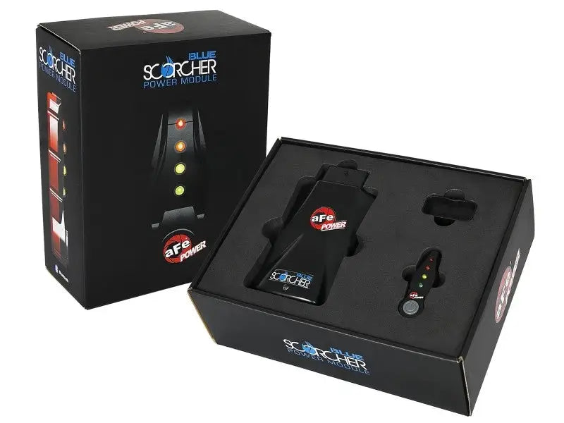 Black box with Blue Scorcher Power Module and remote for aFe Scorcher Bluetooth power upgrade