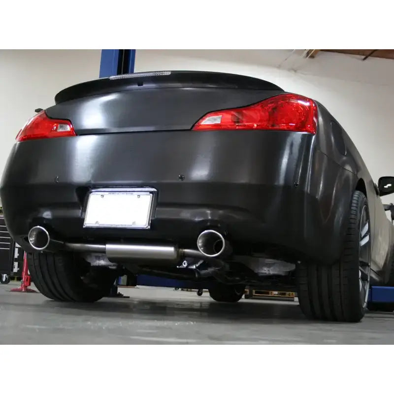 aFe Takeda 2-1/2" 304SS Cat-Back Exhaust System with Polished Tips on Infiniti G37/Q60 V6-3.7, rear view.