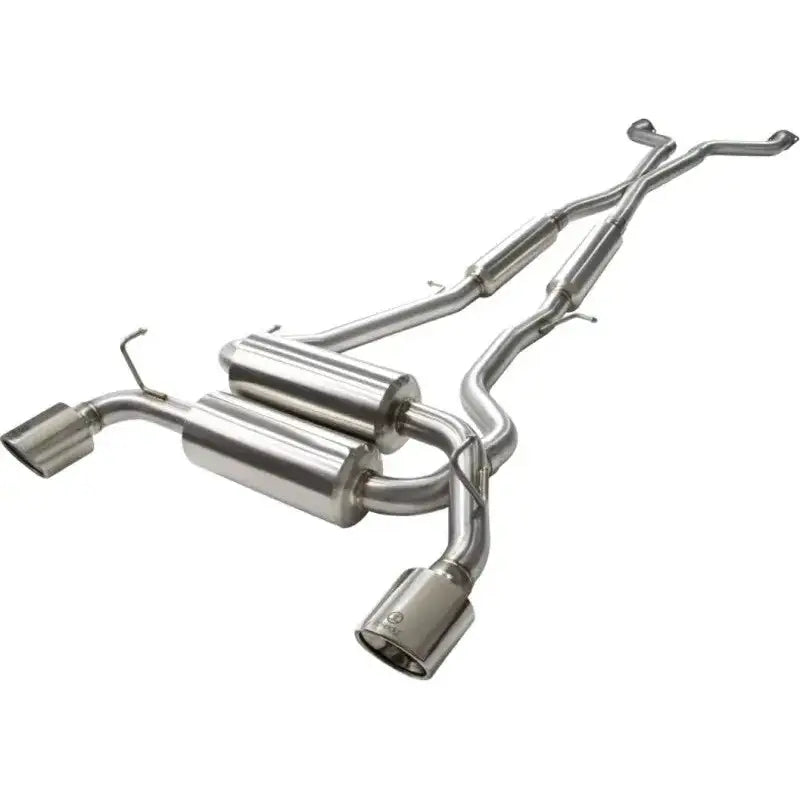 aFe Takeda 2-1/2in 304SS Cat-Back Exhaust for Infiniti G37 08-13/Q60 14-15 V6-3.7 with Polished Tips, dual transverse design, high-quality stainless steel, mandrel bent, TIG welded.