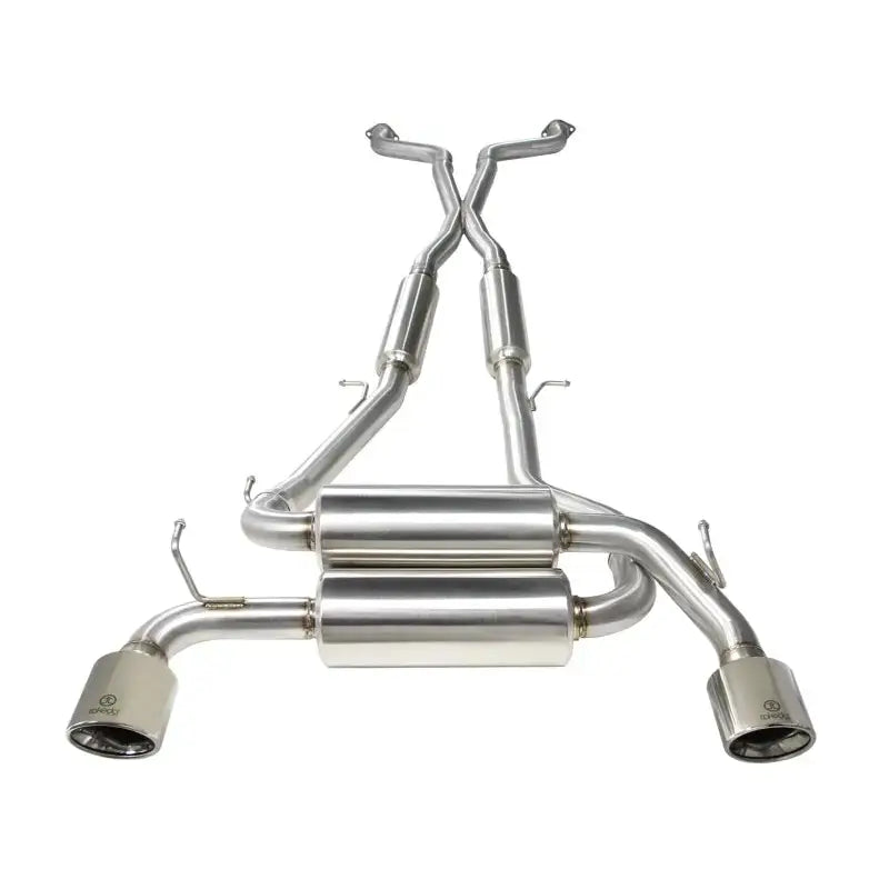 aFe Takeda 2-1/2in 304SS Cat-Back Exhaust for Infiniti G37 08-13/Q60 14-15 featuring dual mufflers with polished tips.