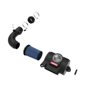 aFe Takeda Momentum Pro 5R Cold Air Intake System for 22-23 Subaru BRZ/Toyota GR86 showing individual components including blue air filter, black intake tube, and sealed housing with Takeda logo.