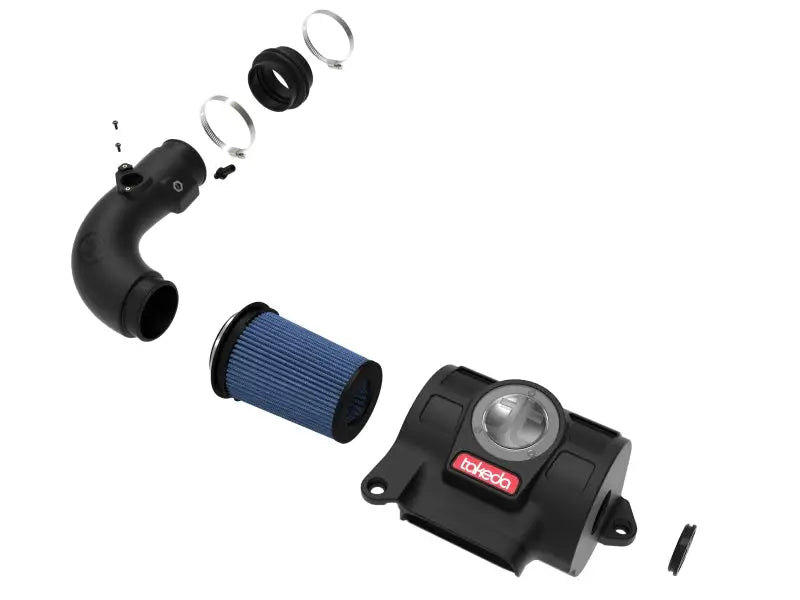 aFe Takeda Momentum Pro 5R Cold Air Intake System for 22-23 Subaru BRZ/Toyota GR86 showing individual components including blue air filter, black intake tube, and sealed housing with Takeda logo.