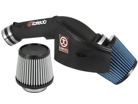 aFe Takeda Stage-2 Pro 5R Cold Air Intake System black for 13-17 Honda Accord L4 2.4L featuring powder-coated heat shield and blue filter.