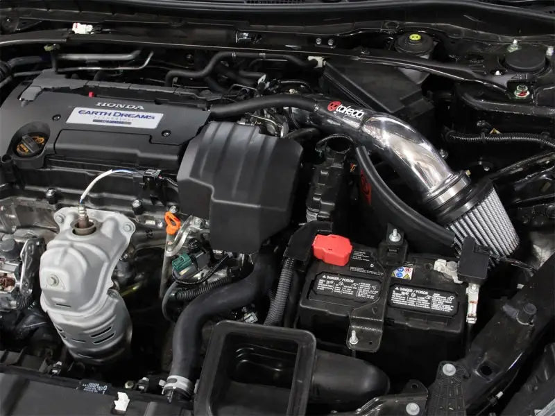 aFe Takeda Stage-2 Pro 5R Cold Air Intake System installed in a 2013-2017 Honda Accord L4 2.4L engine bay, featuring a powder-coated heat shield and high-performance filter.