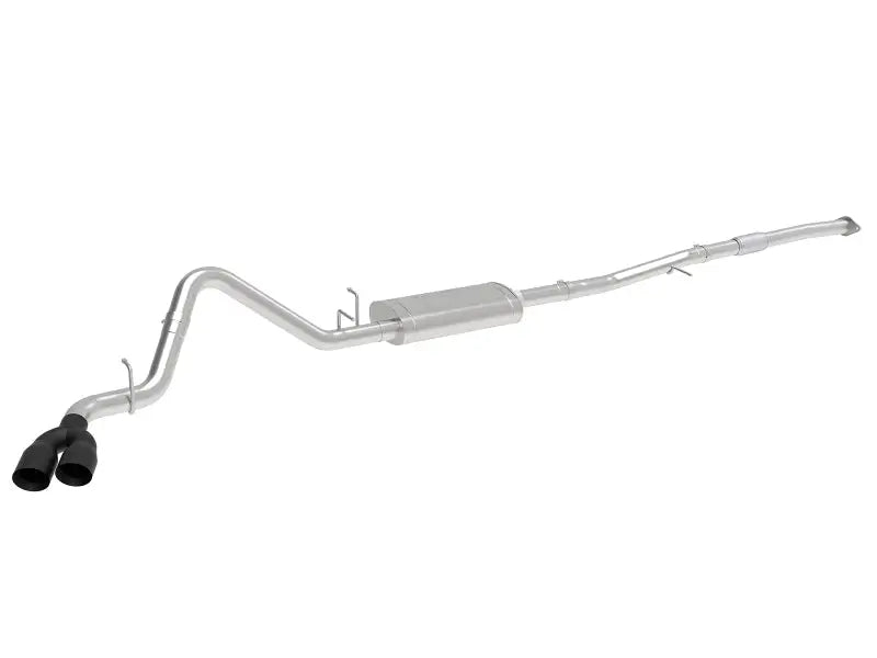 Silver exhaust system with dual black tips from afe vulcan series on 2019 GM Silverado