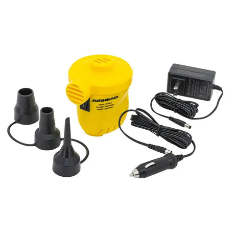 Yellow airhead pool float pump with attachments and power cords for easy inflation
