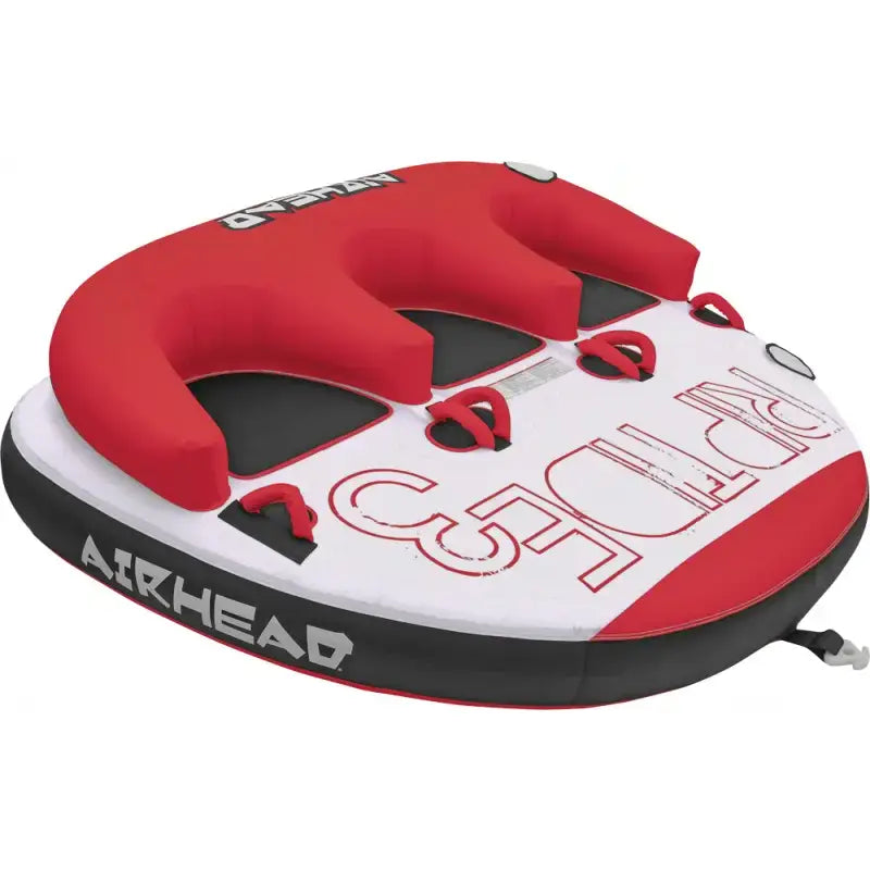 Red and white inflatable towable tube with handles, perfect for water sports and RV parts & accessories