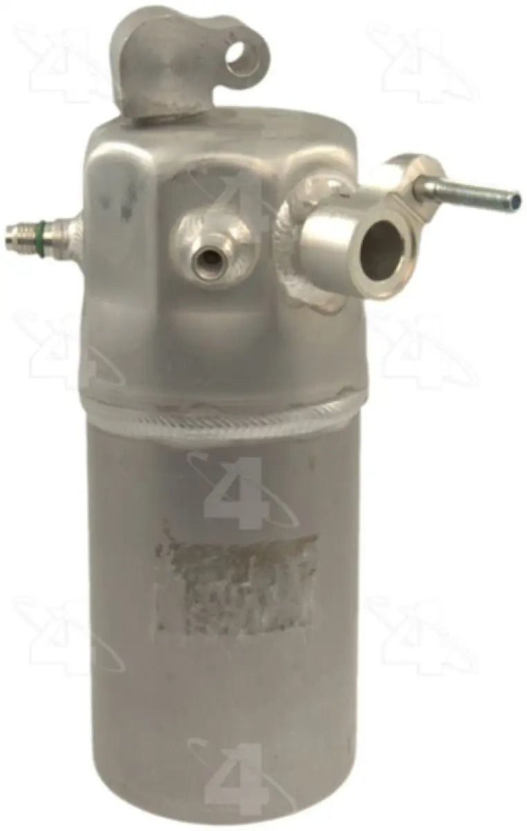 Silver cylindrical air conditioner accumulator with multiple ports for auto repair