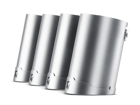 Four shiny silver exhaust tips from the Akrapovic tail pipe set for BMW M3 E90
