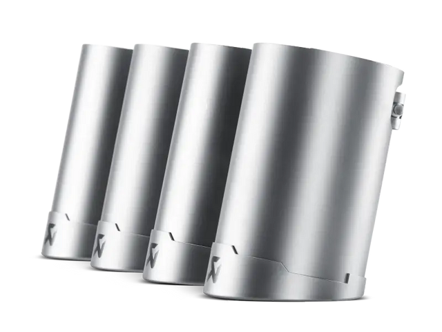 Four shiny silver exhaust tips from the Akrapovic tail pipe set for BMW M3 E90