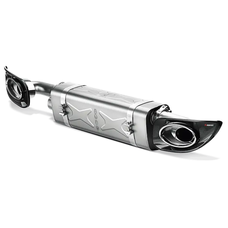 Silver motorcycle exhaust system with titanium tips for Akrapovic slip-on line on Porsche 911 Turbo