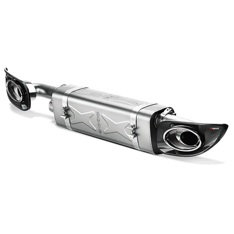 Silver motorcycle exhaust system with titanium tips for Akrapovic slip-on line on Porsche 911 Turbo