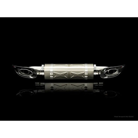 Silver motorcycle exhaust system with titanium tips from Akrapovic slip-on line for Porsche 911