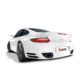 White Porsche Turbo with Akrapovic slip-on line and titanium tips for 911 Turbo S