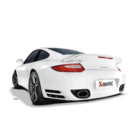 White Porsche Turbo with Akrapovic slip-on line and titanium tips for 911 Turbo S