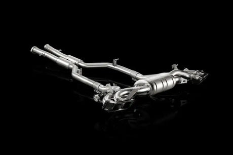 Shiny titanium exhaust system for AMG SLS coupe with Evolution Line Cat and carbon tips