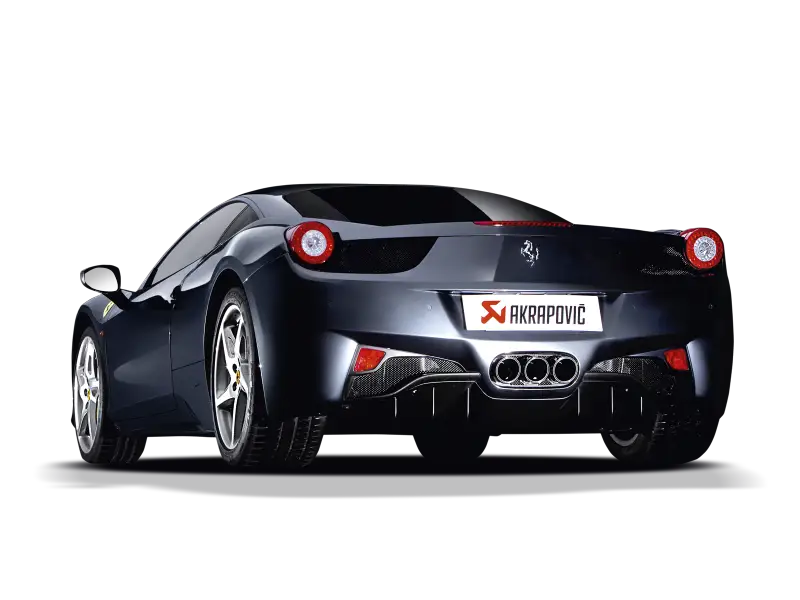 Gray Ferrari 458 with Akrapovic slip-on line exhaust and stylish carbon tips