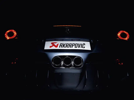Car rear with Akrapovic slip-on line exhaust and stylish carbon tips for Ferrari 458